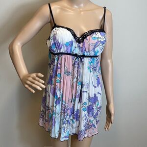 Linea Donatella lace trim floral print semi-sheer babydoll size L